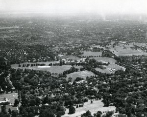 Aerial view of SHU South Orange campus with Corrigan Hall under construction, circa 1943-1944.