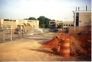 Construction for Walsh Library. View towards recreation center and parking deck.