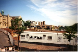 Construction for Walsh Library. View towards Duffy Hall and Mooney Hall.