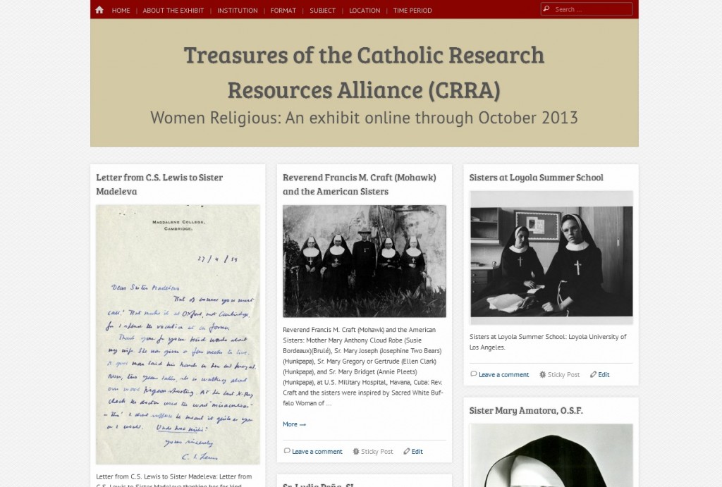 Treasures of the Catholic Research Resources Alliance (CRRA): Women Religious: An exhibit online through October 2013. Screenshot.