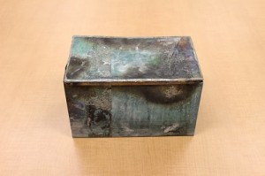 Tin box which was inserted in the cornerstone of the Chancery building in 1932