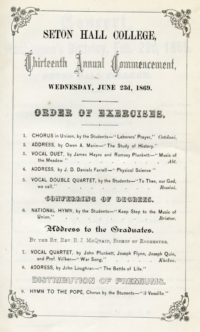 Seton Hall College Thirteenth Annual Commencement, Wednesday June 23d, 1869.