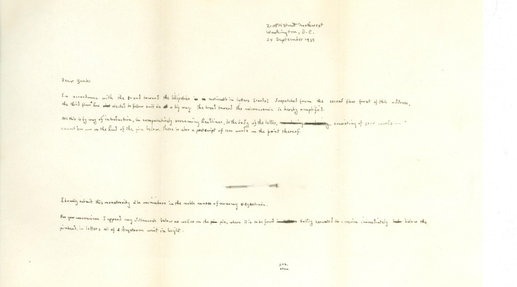 A joking letter from one of Fass's friends. The pin in the center of the page gives perspective to the tiny size of the text. (Click to expand.)