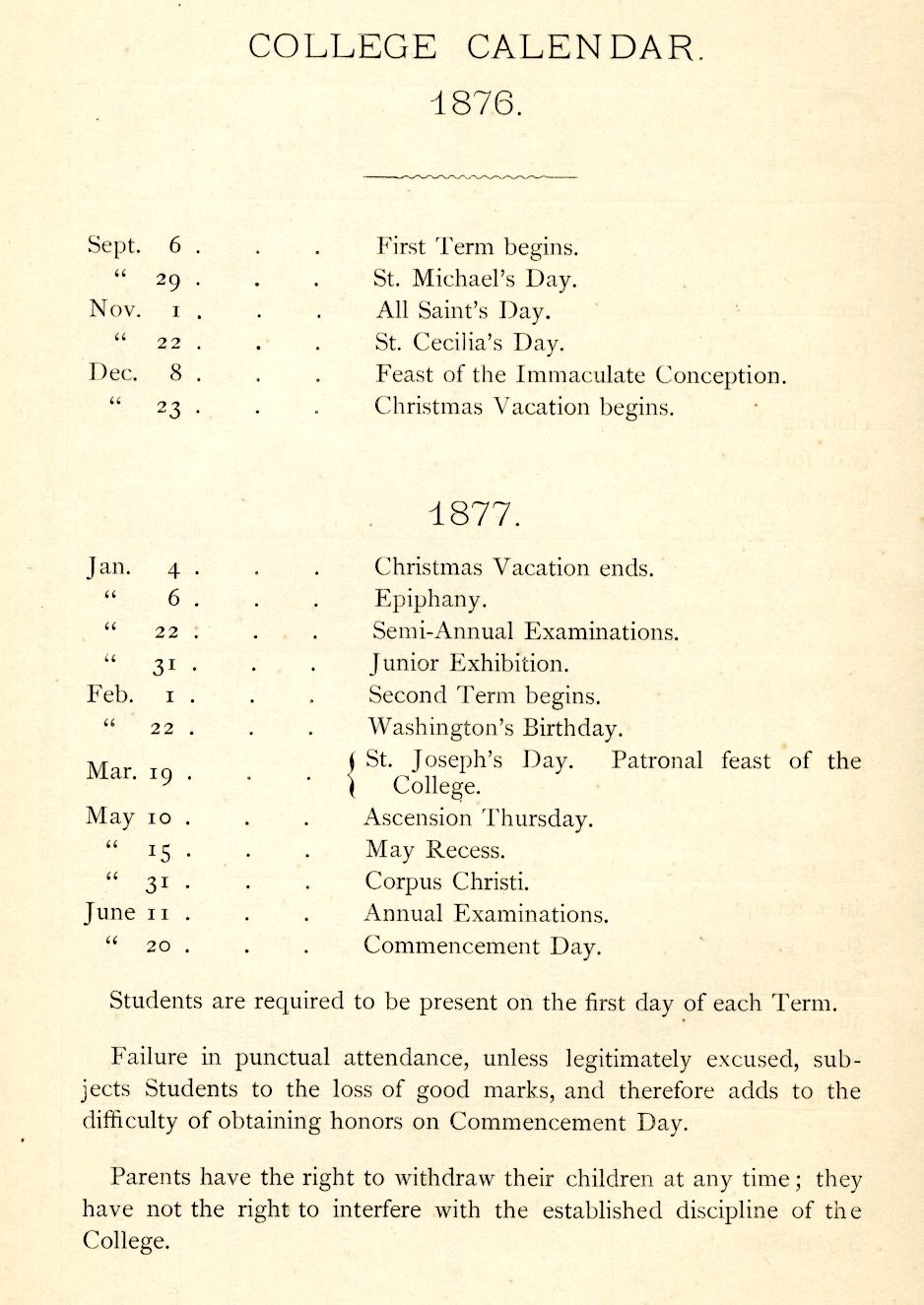 college calendar 1876