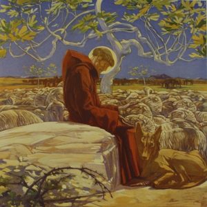 Illustration depicting St. Francis surrounded by animals and nature.