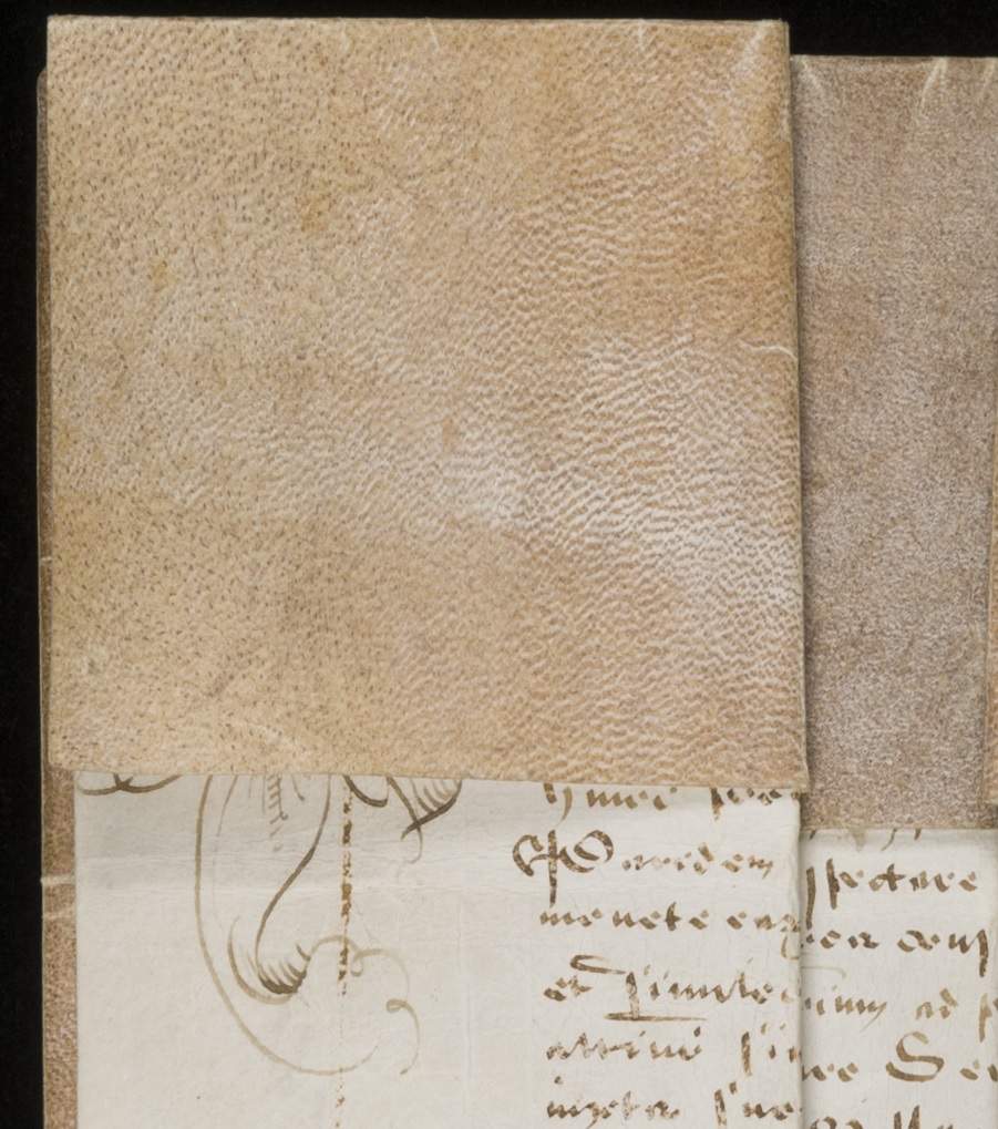 Before treatment - folded vellum obscuring text and decoration