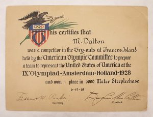 Mel Dalton – Olympic Certificate of Merit, certificate, 5 11/16” x 7 11/16”, June 17, 1928, 2020.05.0002, Department of Archives and Special Collections