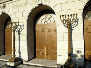 Menorahs flanking entrance to East Midwood Jewish Center in Brooklyn, New York
