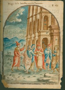 Hand painted watercolor of Hailstorm Plague from an illustrated manuscript of the "Plague of Locusts"