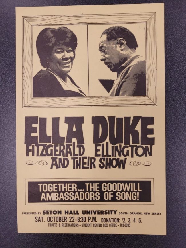 Poster with tan colored paper and brown text advertising a performance by Ella Fitzgerald and Duke Ellington with their images
