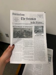 Photo of Austin's self published newspaper comprising of stories from The Setonian in the 1960s as part of his Time Machines project.