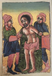 Ethiopian Orthodox style illustration of Christ being held by two Roman soldiers