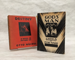Image showing the red cover ot Destiny by Otto Nuckel and the black and white cover of God's Man by Lynd Ward