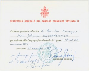 Entrance passes: General Congregation (18 - 28 November 1963) entrance pass for Msgr. Oesterreicher, signed by Bishop Pericle Felici, mss0053_b53_15_01