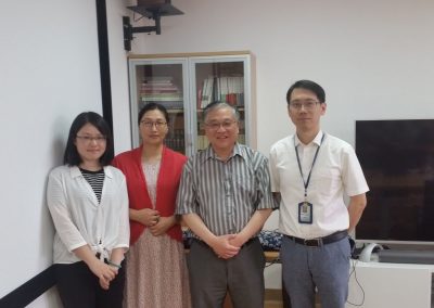 Meeting with librarians on digital projects. Ms. Qianqian Liu (刘倩倩), Data Processing Engineer, Ms. Cuijuan Xia (夏翠娟), Project Manager, R&D, Xue-Ming Bao (包学鸣), and Mr. Qing Zhou (周卿), International Cooperation Division (left to right)