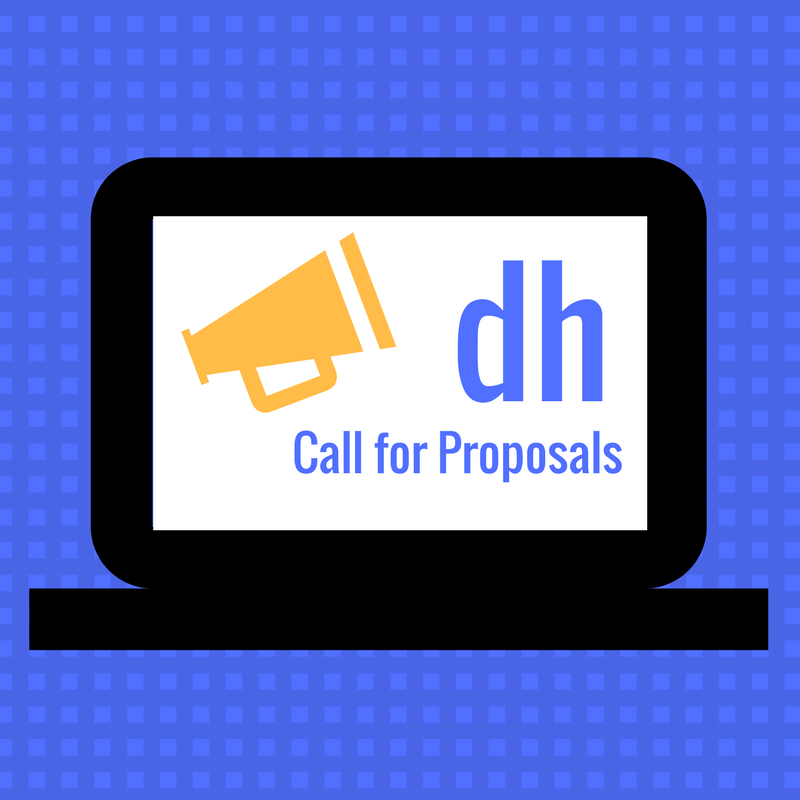 Laptop screen with megaphone icon and DH Call for Proposals.