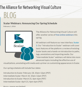 Alliance for Networking Visual Culture: Spring Schedule of Free Scalar Webinars