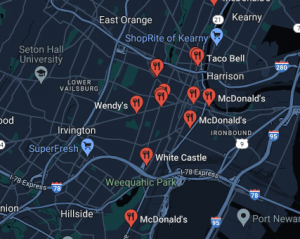 Map from Google Maps with pins to mark the locations of various fast food locations in the Newark area. There are only 2 grocery stores marked on the map, but several fast-food locations.
