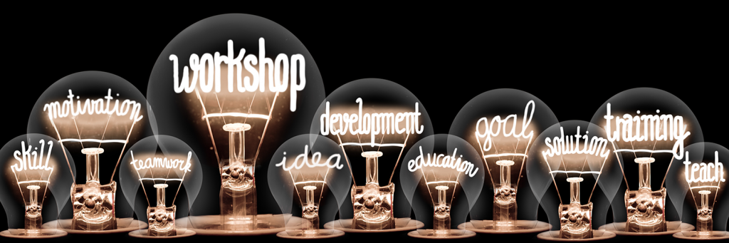 Light Bulbs with Workshop Concepts listed including development, solution, goal, training, and teach
