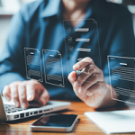 Businesswoman using digital device signs electronic documents online. Paperless workplace idea, e-signing, electronic signature, Technology and document management.