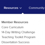 Resources menu with Core Curriculum and Dissertation Success options