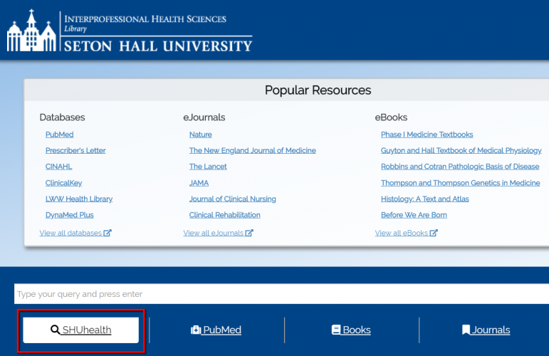 You can search SHUhealth from the library homepage