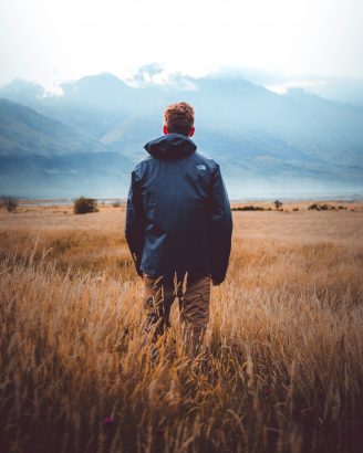 Person looking at mountains standing in a field