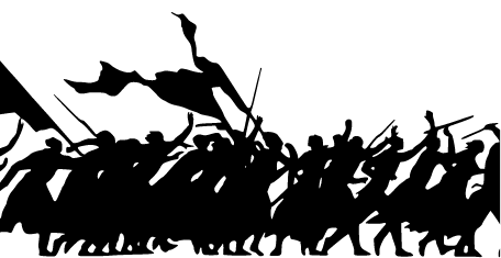 people holding flags and sticks marching together in a protest