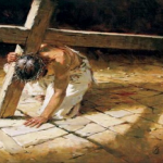 Jesus falls under the cross