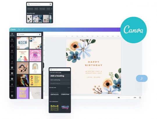 Canva logo and sample Instagram post project in design tab next to several templates