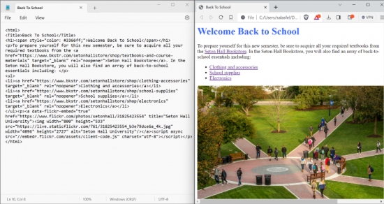 Screenshot of my html website next to its code