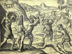 Conquistadors' abuses of Amerindians (1598 edition for las Casas' book)