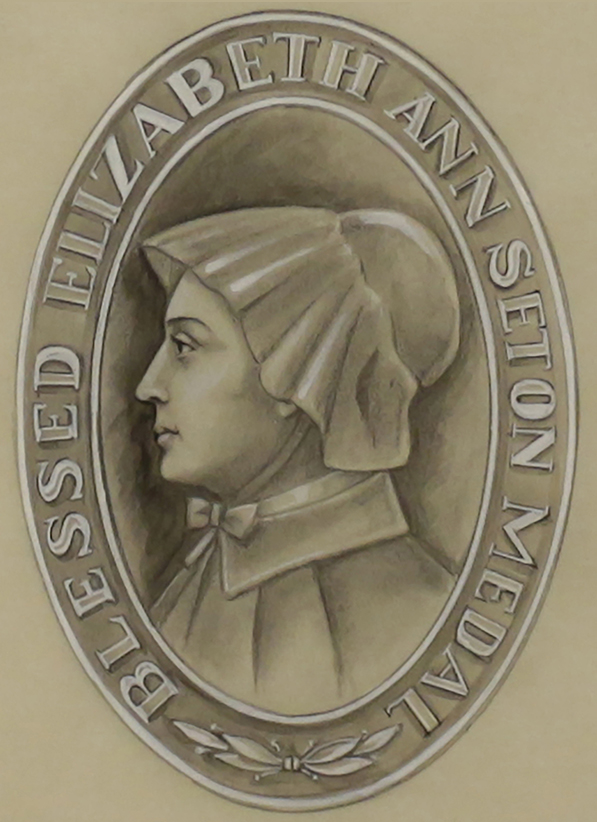 Sketch for Mother Seton medal designed by Dieges and Clust paint and pencil on paper 14 1/2" x 11 1/2" c. 1969 2018.17.0001a MSS 0006 Monsignor Noe Field Archives & Special Collections Center