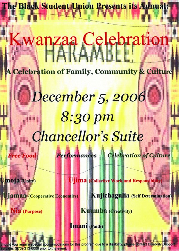 “Kwanzaa Celebration Invitation” Black Students Union vertical file, 2006, Archives and Special Collections, Seton Hall University, South Orange, NJ
