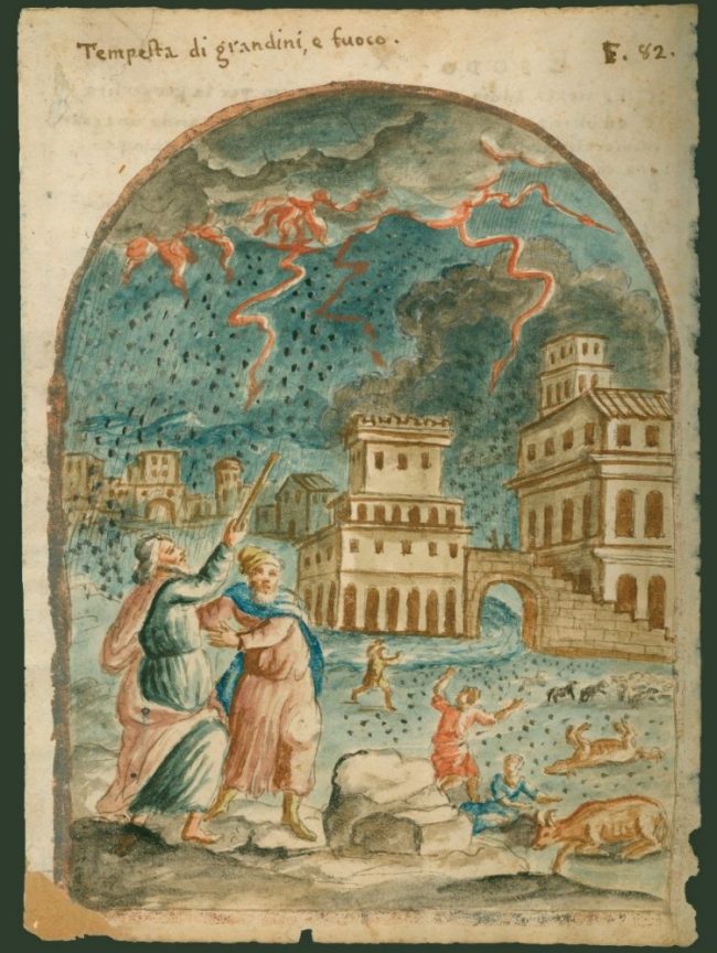Hand painted watercolor of Hailstorm Plague from an illustrated manuscript
