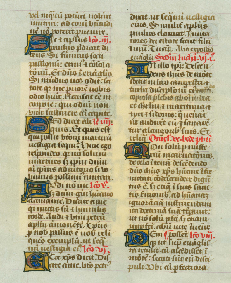13th century manuscript leaf with gothic lettering and red, gold, and blue details.
