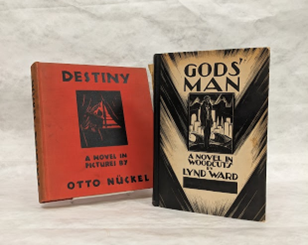 Image showing the red cover ot Destiny by Otto Nuckel and the black and white cover of God's Man by Lynd Ward