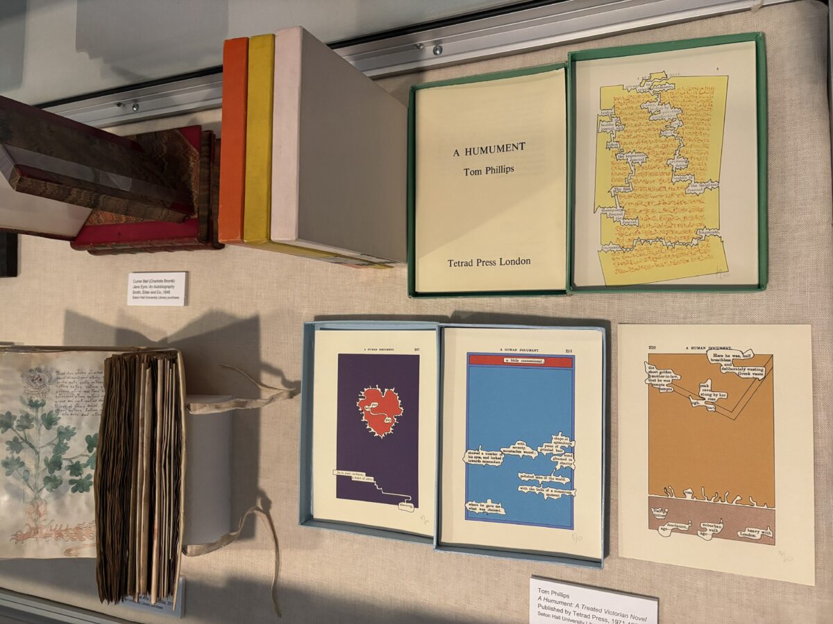 display of various books in a case in a gallery.