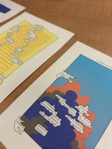 illustrated page of book with layers of blue, orange, purple, green. most of text blocked out except for certain words. 