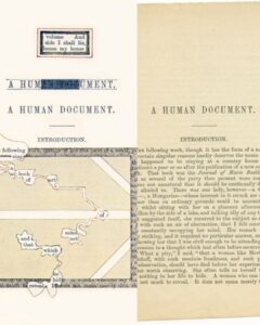 side by side comparison of the first page of "A Humument" by Tom Phillips and "A Human Document" by W.H. Mattlock. 