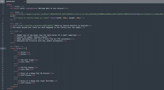 Screenshot of code for my website