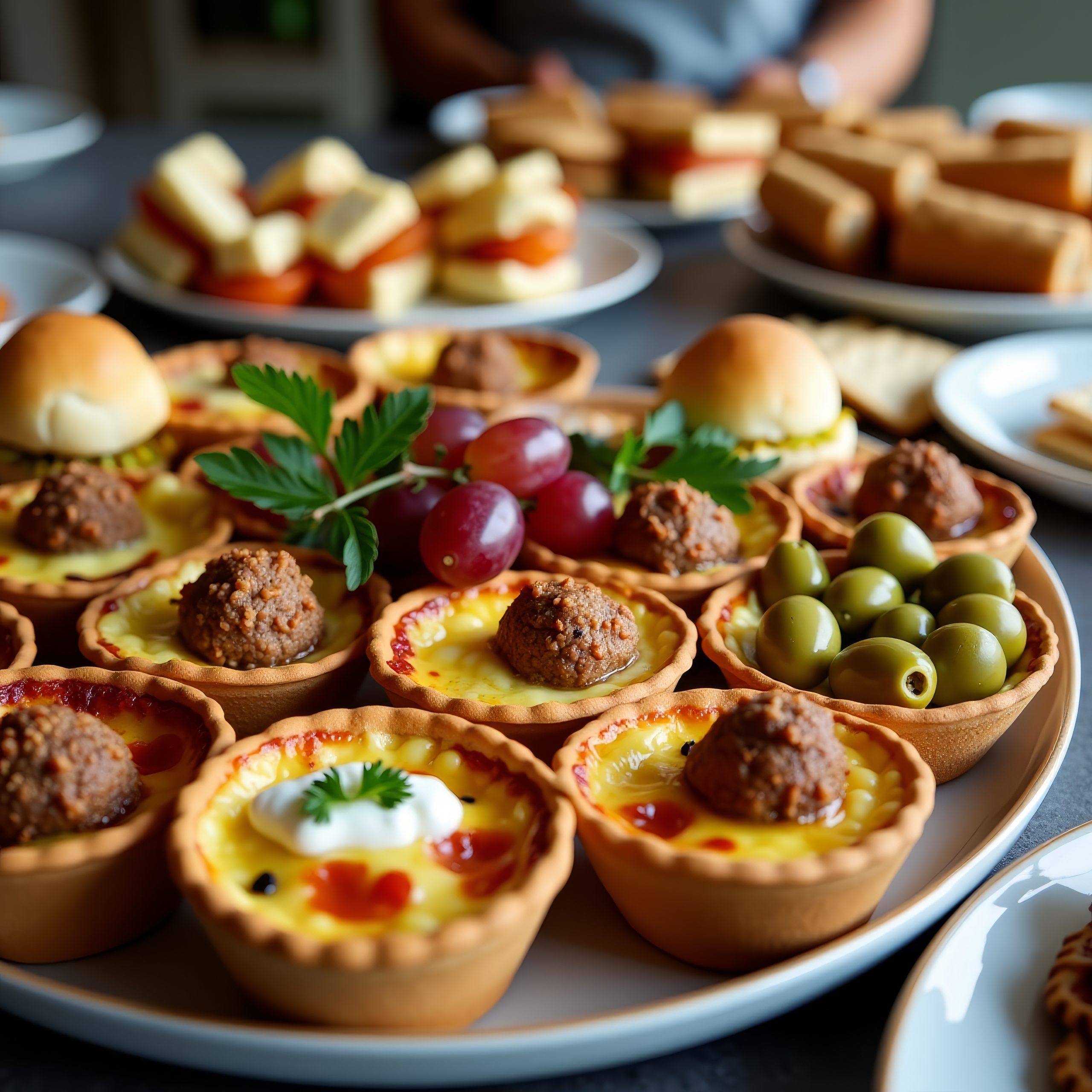 Mini savory tartlets with a variety of fillings, including cheese, meat, and vegetables