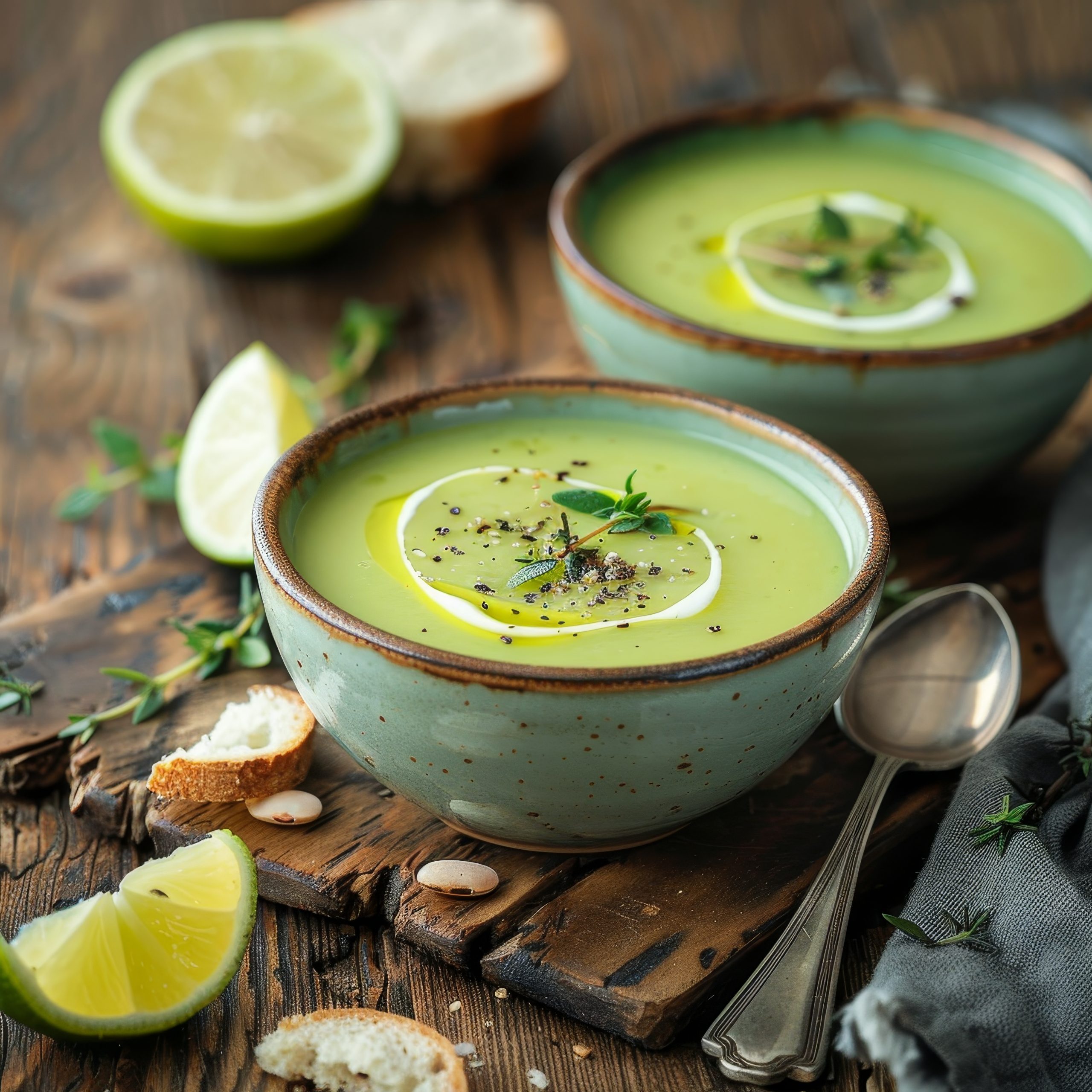 Two Bowls of Creamy Green Soup Presented on a Rustic Wooden Surface, adorned with Freshly Cut Limes