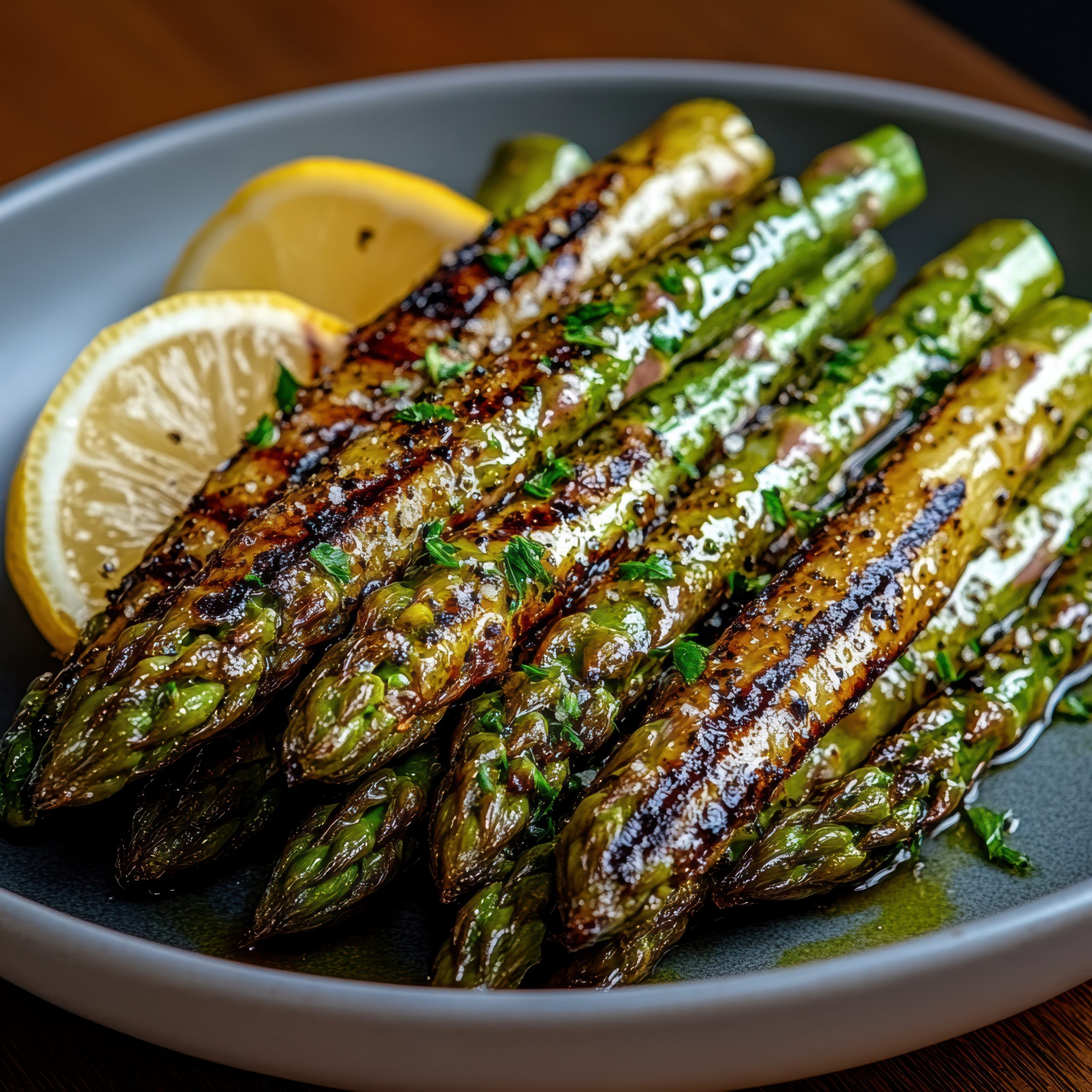 grilled asparagus spears, adorned with charred lemon slices and a sprinkle of seasoning
