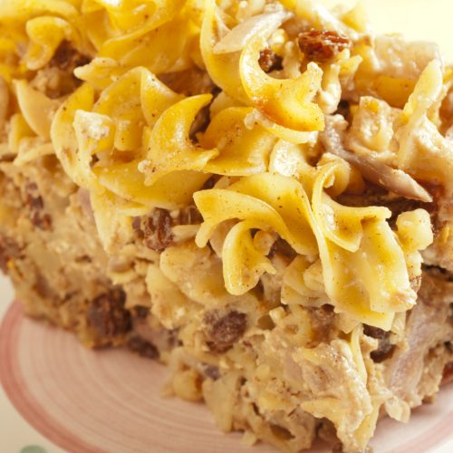 A slice of noodle kugel