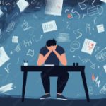 An individual at a desk surrounded by chaotic papers symbolizes stress, mental overload, or academic pressure.