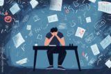 An individual at a desk surrounded by chaotic papers symbolizes stress, mental overload, or academic pressure.
