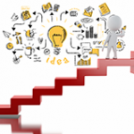 white 3D clay figure standing on red stairs drawing strategic idea sketch