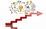 white 3D clay figure standing on red stairs drawing strategic idea sketch
