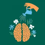 Wellness mind, wellbeing, psychologist help, self care, growth. Human hand watering flowers in brain.